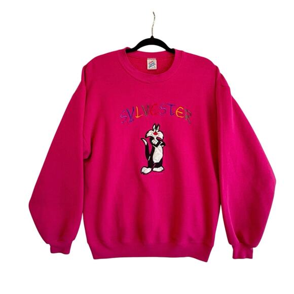 Vintage Jerzees Sylvester Looney Tunes Sweatshirt Pink Embroidered Large USA - Picture 1 of 7